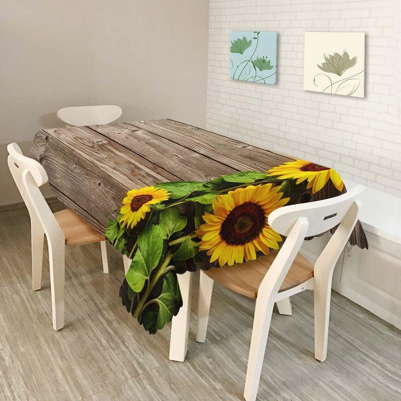 Walmsco Tablecloth Brown Wooden Board Sunflowers Decor For Dining Room