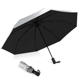HEXSOLID 46 Inch UV Umbrella UPF 50+ Automatic Travel Parasol Ultralight Umbrella Windproof Umbrella with 8 Ribs for Men and Women, Silver/black