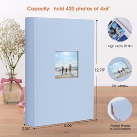 1DOT2 Photo Album 4x6 420 Photos With Writing Space, Linen Cover With Memo Slip-in Pockets, Pictures Album Book for Wedding, Kids, Travel, Family, Baby (Baby Blue)