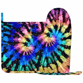 Mxocom Tie Dye Heat-Resistant Oven Mitts and Pot Holder Hand Drawn Rainbow Shibori Ink Textured Batik Iridescent Kitchen Non-Slip Cooking Microwave Gloves for Cooking Baking Grilling