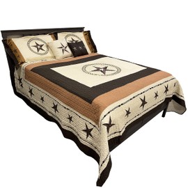 Western Peak 5 Piece Western Texas Lone Star Cabin Lodge Barb Wire Luxury Quilt Bedspread Coverlet Comforter Brown Beige Set King