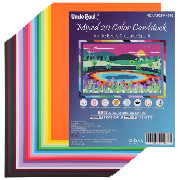 40 Sheets Mixed 20 Colors Cardstock - 8.5'' x 11''