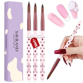 SAVILAND Essentials 3PCS Acrylic Nail Brush Set: Size 8/10/14 Kolinsky Acrylic Brush Professional Nail Brushes for Acrylics Powder, 3D Carving & Nails Extensions, Pink Manicure Tool for DIY Home Salon