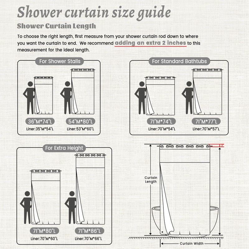 WONICY Long No Hook Shower Curtain with Snap in Liner,