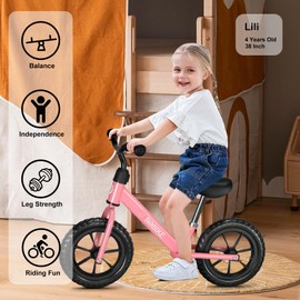 Bobike Toddler Balance Bike Toys for 2 to 5 Year Old Girls Boys Adjustable Seat and Handlebar No-Pedal Training Bike Best Gifts for Kids (Pink)