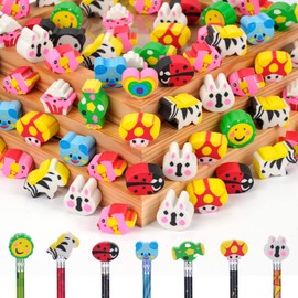 200 Pieces Cartoon Cute Animal Pencil Erasers Pencil Eraser Toppers Rabbit Zebra Mushroom Ladybug Pencil Caps for Kids School Classroom Supplies Party Favors