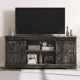 DWVO TV Stand for TVs up to 65 Inch, Farmhouse Entertainment Center with Storage Cabinets and Sliding Barn Doors, Rustic Media TV Console Table for Living Room, Dark Rustic Oak