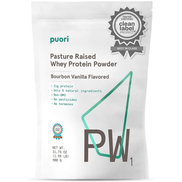 Puori - PW1 Whey Protein Powder - Grass Fed, Non-GMO, Only 5 Natural Ingredients, 21g Protein, Vanilla, 1.98lbs