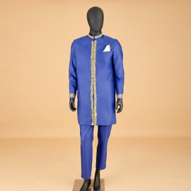 African Suit for Men Jacket and Trousers 2 Piece Set Dashiki Blazer with Kerchief Bazin Riche Kaftan Wedding Evening Yellow Large