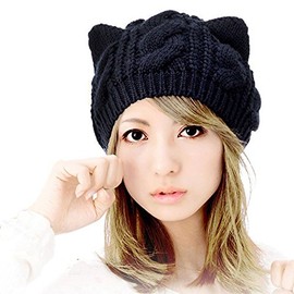 Tuopuda® Katze Ohren geformt Damen Mädchen häkeln Stricken Ski Hut Warm Beanie Wollmütze Wintermütze Strickmütze (Schwarz Katze Ohren)