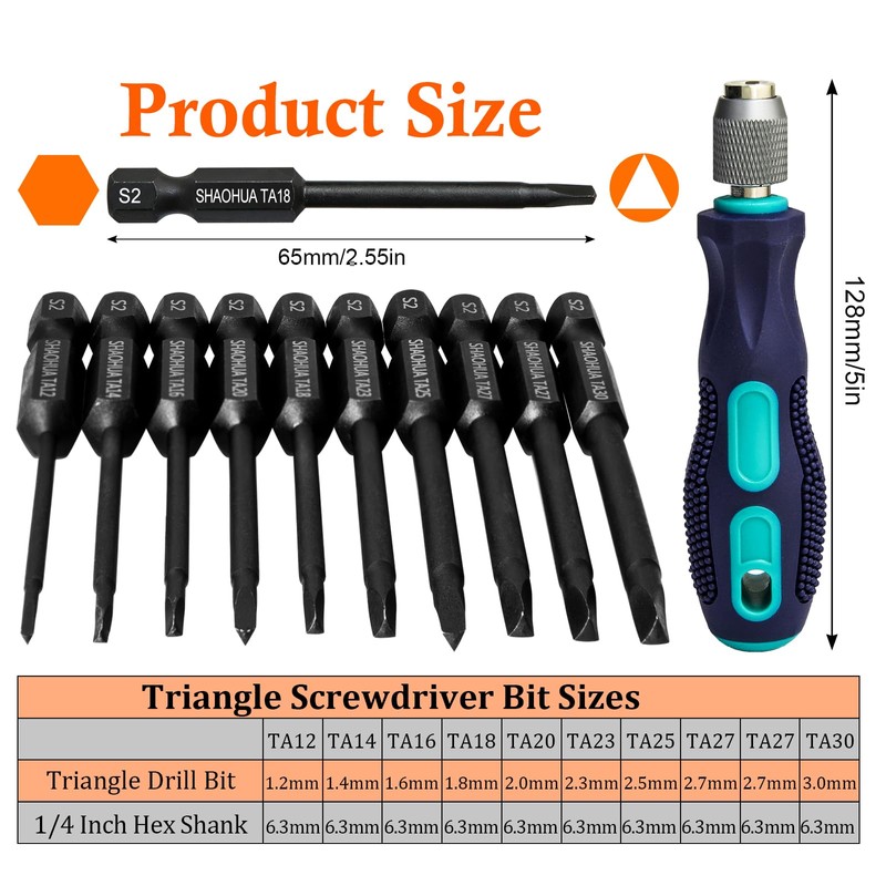 Pack of 10 Triangle Screwdriver Bits 65 mm Hex Shank