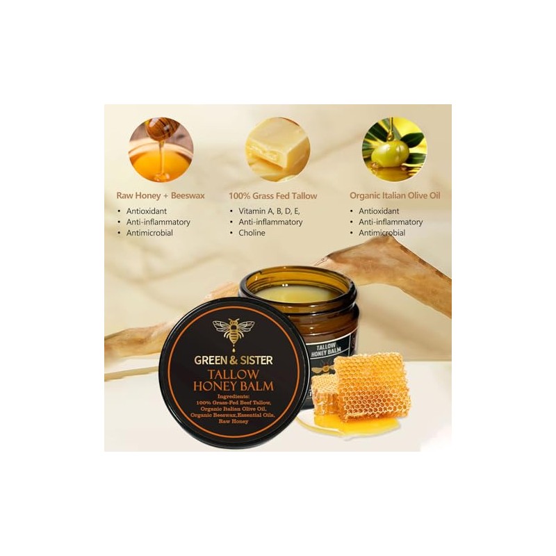 Fed Beef Tallow Balm with Raw Honey,Organic Grass-Fed Beef Tallow