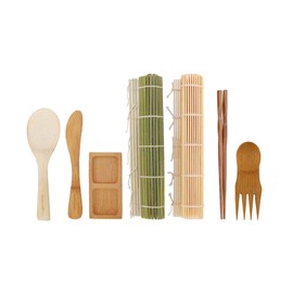 BambooMN Sushi Mat Kit - 1x Green and 1x Natural Sushi Rolling Mat, 1x Rice Paddle, 1x Spreader, 1x Chopsticks, 1x Sushi Sauce Dish, and 1x Free Spork - Deluxe Sushi Set