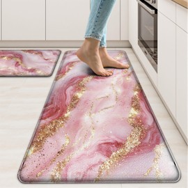 Tyrot Gold Pink Kitchen Mats for Floor 2 Pcs Modern Marble Anti Fatigue Mats for Kitchen Floor Mat PVC Non Slip Waterproof Kitchen Rugs for Kitchen Floor Sink Office Laundry 17.3"X28"+17.3"X47"