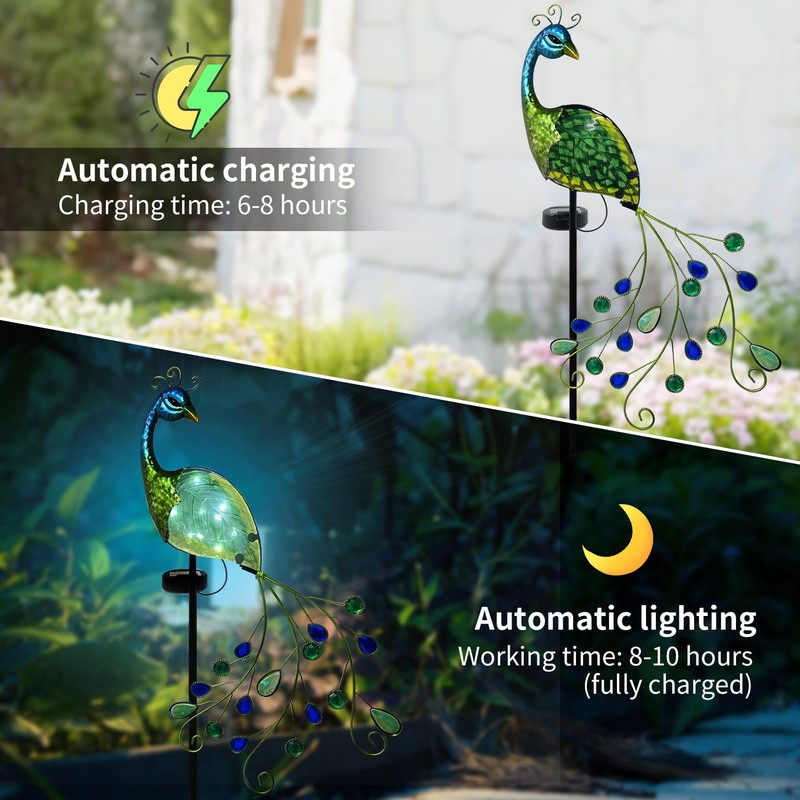 TEYIGARDEN Peacock Solar Garden Lights, Metal Stake with Glass Accents