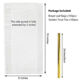 Bread Poly Bags,100 Pieces 15x3x6 Inches Bread Loaf Packing Bags with 100 Twist Ties,Clear Thick Gusseted Grocery Bakery Bag (Medium-6x3x15)