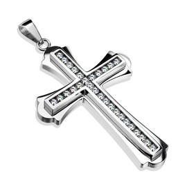 Paula & Fritz® Women's Double Cross Pendant Cubic Zirconia 316L Surgical Steel Silver Necklace Pendant Men's Necklace Pendant, Stainless Steel Stainless steel Surgical steel, Zirconia