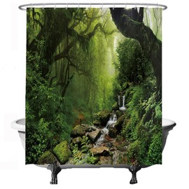 Ulticool Shower Curtain - Rainforest Nature Eco Plants Waterfall - 180 x 200 cm - Anti Mould - Washable - Waterproof - with 12 Rings - Green