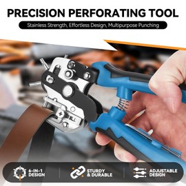 Auto Dynasty 6-in-1 Hole Punch Tools Multi-Purpose Stainless Steel Adjustable Punch with V-Shaped Edge Precision Perforating, Perfect for Leather, Plastic, Metal Sheets, Rubber and More