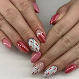 Flower Press on Nails Almond Shape Fake Nails Spring Tulip False Nails with Bow Lace Designs Glue on Nails Glossy Pink Sparkling Acrylic Nails 24Pcs Summer Medium Length Nails Press ons