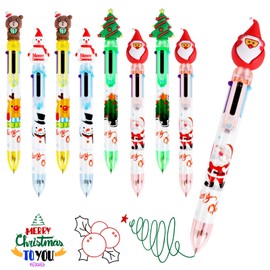 VEYLIN Christmas Multicolour Ballpoint Pens, Pack of 8, 6-in-1 Coloured Ballpoint Pen, Santa Claus Rollerball Pen, Retractable Shuttle Pen for Schools, Offices, Children