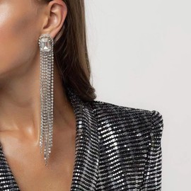 Xerling Long Rhinestones Tassel Earrings Bridal Silver Chandelier Fringe Bohemian Earrings for Women Sparkling Crystal Dangle Drop Earring (Silver)