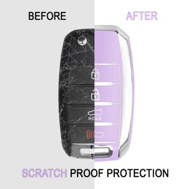 QBUC for Kia Key Fob Cover with Keychain Chrome Silver Trim Soft TPU Protection Case Compatible with Kia Rio Optima Soul Sportage Sorento Carens 4 Button（Purple）