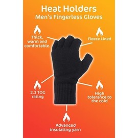 Heat Holders | WRK Comfortable & Hardwearing workwear | Men's Fingerless Winter Warm Thermal Gloves | Black | One Size Fits Most