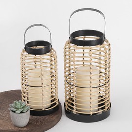 Handwoven Boho Lanterns Set of 2 – Candle Holders for Living Room, Dining Table Centerpiece, Patio & Porch – Modern Farmhouse & Bohemian Decorative Lanterns, Handcrafted Decor to Enhance Your Home