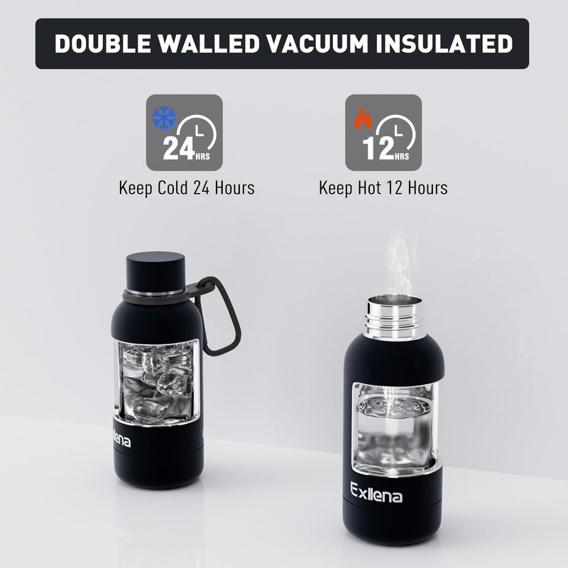 Exllena Small Water Bottle 12oz with Clip, Double Wall Stainless