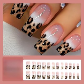 KQueenest Glitter Leopard Ombre Pink Press on Nails Long Coffin, Gold Sequins Full Cover French Fake Nails Press ons, Luxurious Square Acrylic Nails For Women, Gradient Pink Leopard Nails Set, 24 Pcs