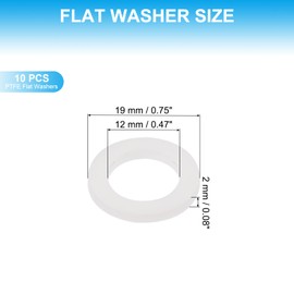 PATIKIL 10 Pcs PTFE Flat Washers 0.47" ID 0.75" OD 0.08" Thickness Sealing Spacer Flange Gasket for Machines Pipe Valves Oil Gas Industries, White (12x19x2mm)