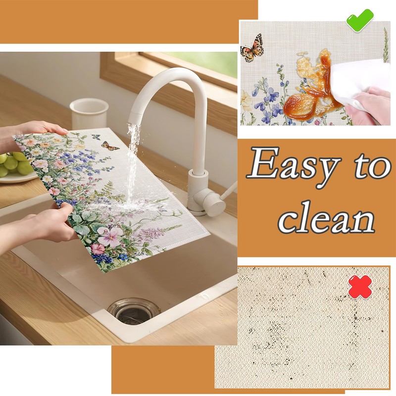 Wildflowers Placemats Set of 6,Flower Herbs Butterfly Spring Washable Linen