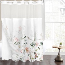 Tititex No Hooks Snap in Liner Aesthetic Blooming White Flowers Pink Bird Shower Curtain Sets, Hotel Luxury Double Layers Waterproof Fabric & See-Through Top Window Bathroom Decorative 72x84 Inch