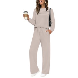 WIHOLL Tracksuit for women Two Piece Travel Outfits Long Sleeve Wide Leg Crewneck Loungewear Ladies Cozy Lounge Sets Trendy Fall Khaki L