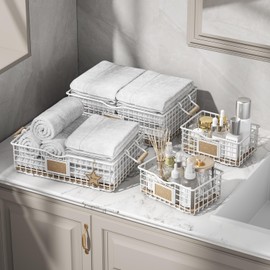 Qcold Bathroom Organizers and Storage, 4 Pack Storage Baskets for Shelves, Multipurpose Bins Organizer with Wooden Handles, Decorative Organizer Baskets Set for Bathroom, Laundry, Living Room - White