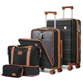 imiomo Luggage Sets 2 Piece with Spinner Wheels and Front Open Pocket, Lightweight Hardside Carry on and Check Travel Suitcase Set with TSA Lock and YKK Zipper, 20/24, Black