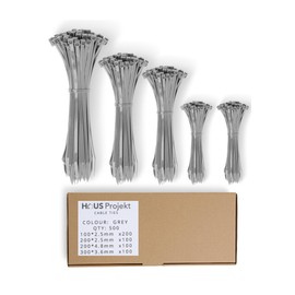 Haus Projekt Cable Ties Grey Long and Short, 500 Zipties in Various Sizes for Cable Management, Garden Cable Ties, UV Resistant, Strong and Weatherproof, Cable Ties