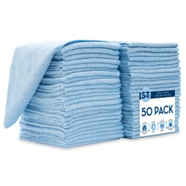 S&T INC. 50 Pack Microfiber Cleaning Cloth, Bulk Towels for Home, Reusable Microfiber Towels for Cars, Cleaning Rags, Light Blue, 11.5 Inches x 11.5 Inches, 50 Count