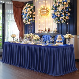 Partisky Navy Blue Polyester Table Skirt for Rectangle Tables 17ft, Wrinkle Resistant Pleated Ruffle Table Cloth for Banquet Wedding Display Dining Table