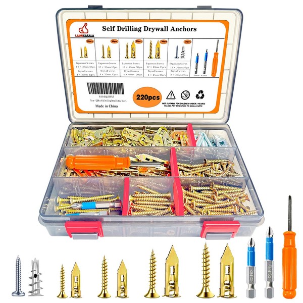 220pcs Self-Drywall Drilling Anchors with Screws, 5 Diferent Expansion Sizes