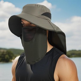 HLLMAN Wide Brim Hat with Neck Flap,UPF 50+ Protection Sun Hat for Fishing, Hiking, Camping,Breathable Removable Mask
