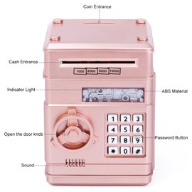 Thedttoy Electronic Piggy Bank Money Safe Password Money Box for Kids Ages 3+, ATM Bank Safe Coin Cash Banks Money Saving Box, Birthday for Boys Girls 3 4 5 6 7 years Old (Rose Gold)