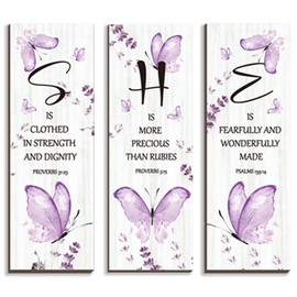 DONFENTHY 3 Pcs Butterfly Wall Decor Purple Room Wall Art Wooden Hanging Butterfly Decor with Bible Word Sign for Teen Girls Women Bathroom Bedroom(Purple,12x4 Inch)