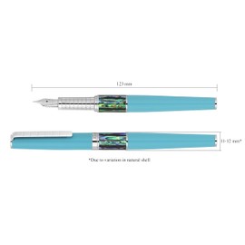 Xezo Speed Master Fountain Pen, Fine Nib. Matte Sky Blue with Pāua Abalone Sea Shell. Chrome Plated. Lightweight Brass Body. No Two Alike