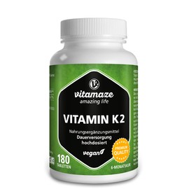 Vitamaze® Vitamina K2 MK-7 Alto Dosaggio Menachinone, 180 Compresse Vegan, Qualità Tedesca, Naturale Integratore Alimentare senza Additivi non Necessari…