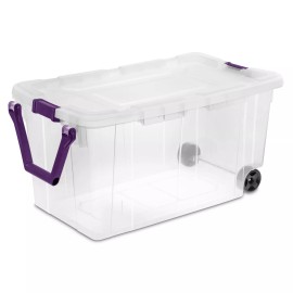 Sterilute Rolling Wheeled Storage Tote 40 gal Heavy Stack 2 Tie Down Industrial Containers - 2, Clear Base/Purple Latches