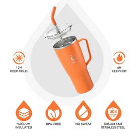 Ideus Insulated Tumbler, 32oz Stainless Steel Double Walled Travel Tumbler with Handle and Straw Lid for Cold & Hot Beverages (Orange)