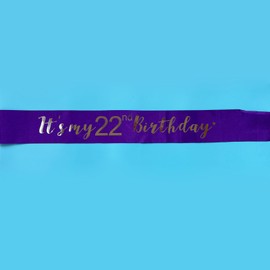 Its My 22nd Birthday Sash, Birthday Girl Sash for Boy Gifts Party Decorations and Supplies, Purple with Silver