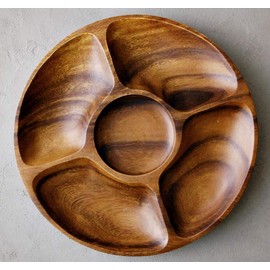 Diameter 12" Premium Acacia Wooden 5-Compartment Divided Round Wood Plate Divided Dessert Serving Trays Platters 5 Section
